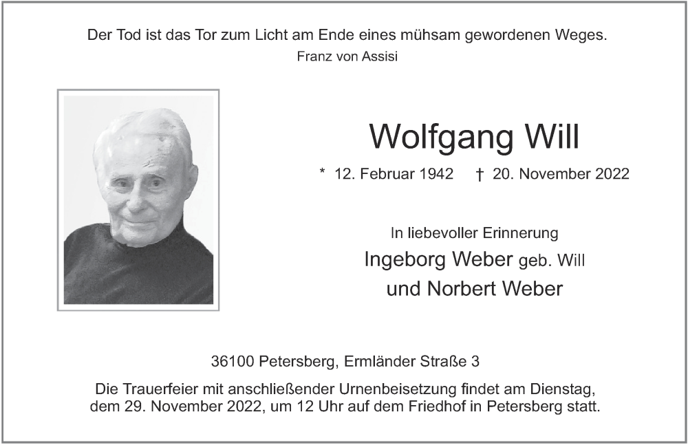  Traueranzeige für Wolfgang Will vom 25.11.2022 aus FZ