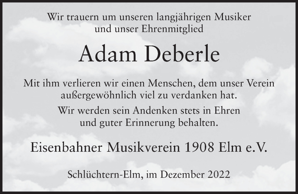  Traueranzeige für Adam Deberle vom 15.12.2022 aus FZ