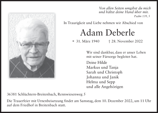 Traueranzeige von Adam Deberle von FZ