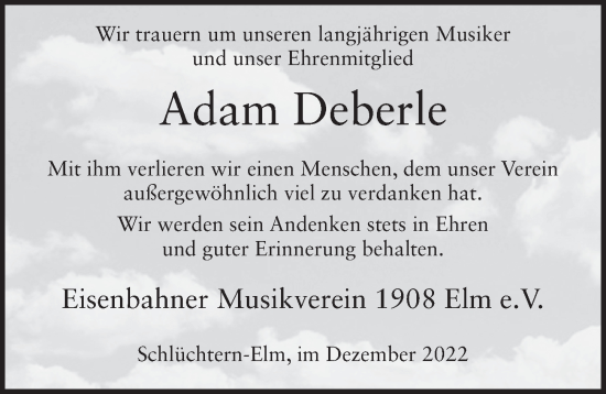 Traueranzeige von Adam Deberle von FZ
