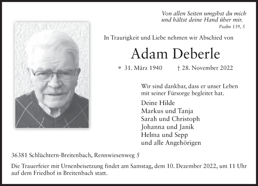  Traueranzeige für Adam Deberle vom 08.12.2022 aus FZ