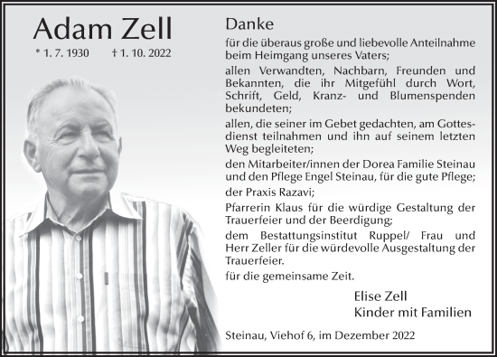 Traueranzeige von Adam Zell von FZ