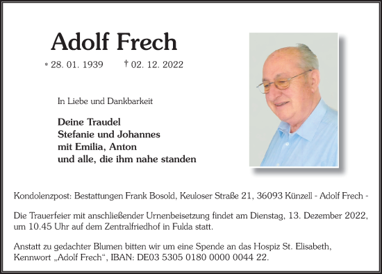 Traueranzeige von Adolf Frech von FZ