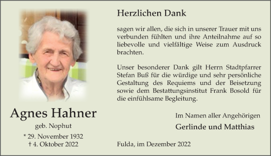Traueranzeige von Agnes Hahner von FZ