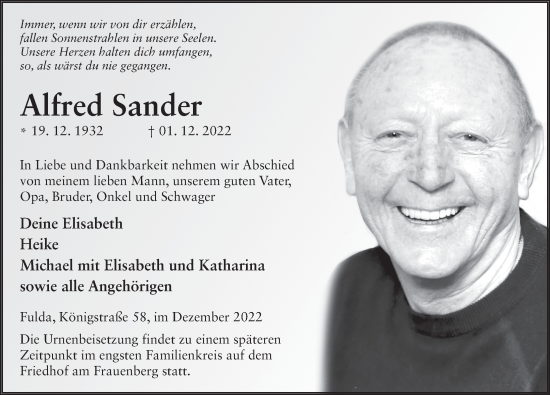 Traueranzeige von Alfred Sander von FZ