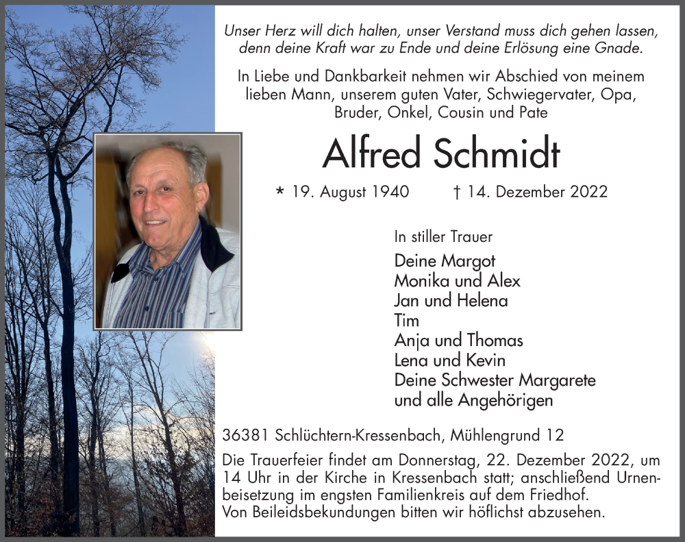  Traueranzeige für Alfred Schmidt vom 17.12.2022 aus FZ