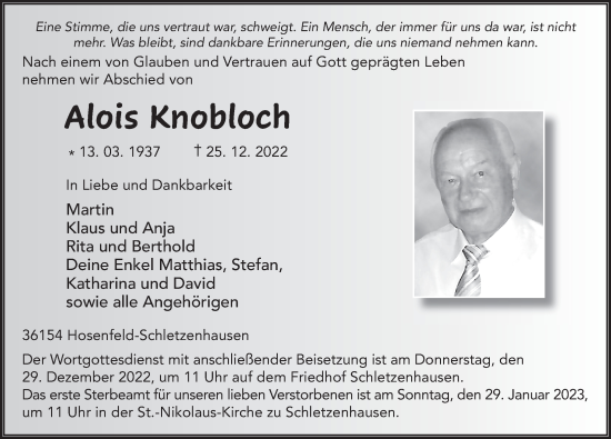 Traueranzeige von Alois Knobloch von FZ