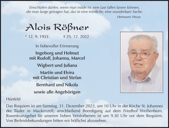 Traueranzeige von Alois Rößner von FZ