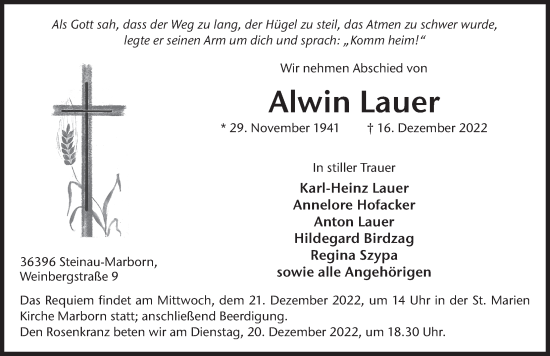 Traueranzeige von Alwin Lauer von FZ