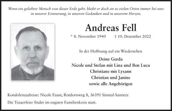 Traueranzeige von Andreas Fell von FZ