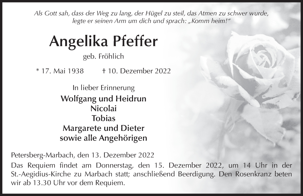  Traueranzeige für Angelika Pfeffer vom 13.12.2022 aus FZ