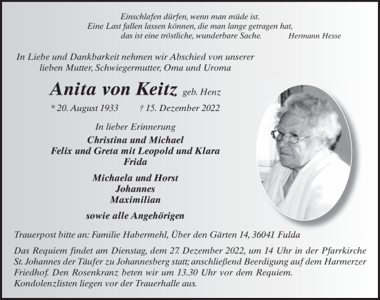 Traueranzeige von Anita von Keitz von FZ