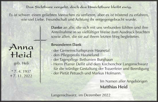 Traueranzeige von Anna Heid von FZ