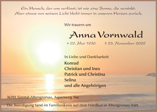 Traueranzeige von Anna Vornwald von FZ