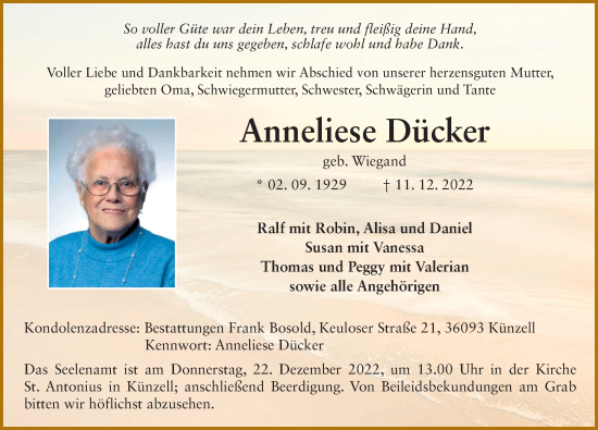 Traueranzeige von Anneliese Dücker von FZ