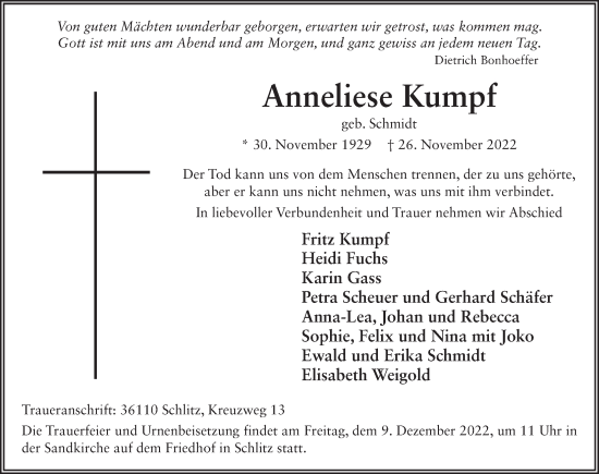 Traueranzeige von Anneliese Kumpf von FZ