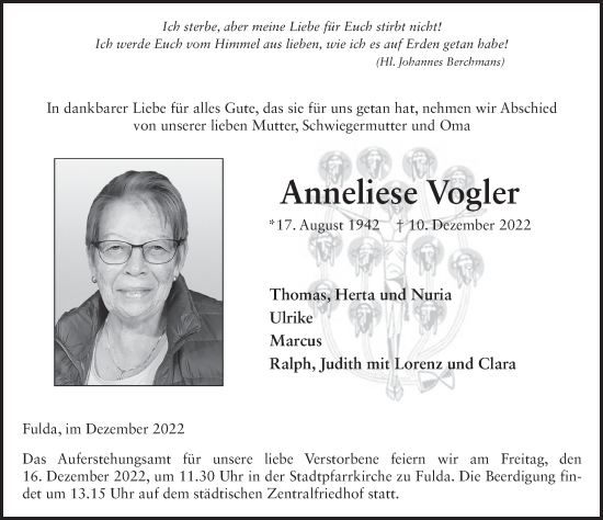 Traueranzeige von Anneliese Vogler von FZ