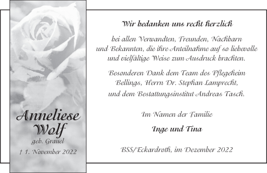 Traueranzeige von Anneliese Wolf von FZ