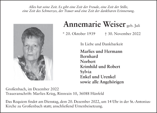 Traueranzeige von Annemarie Weiser von FZ