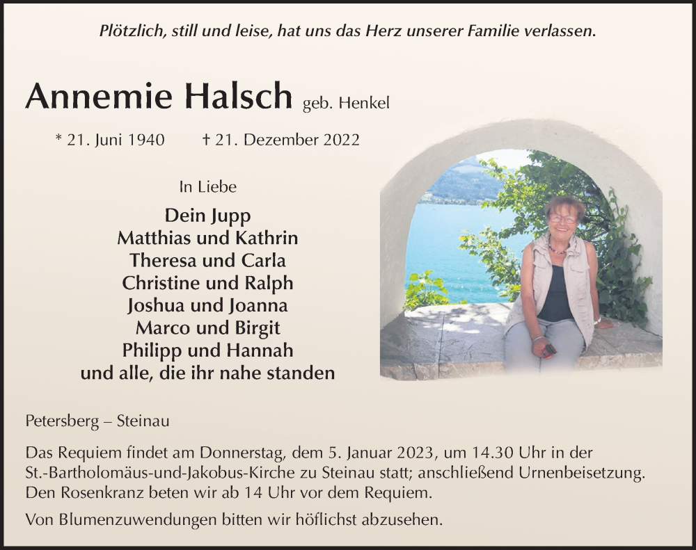  Traueranzeige für Annemie Halsch vom 31.12.2022 aus FZ