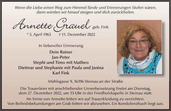 Traueranzeige von Annette Grauel von FZ