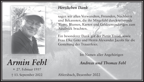 Traueranzeige von Armin Fehl von FZ