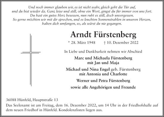 Traueranzeige von Arndt Fürstenberg von FZ