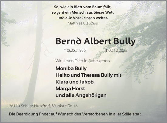 Traueranzeige von Bernd Albert Bully von FZ