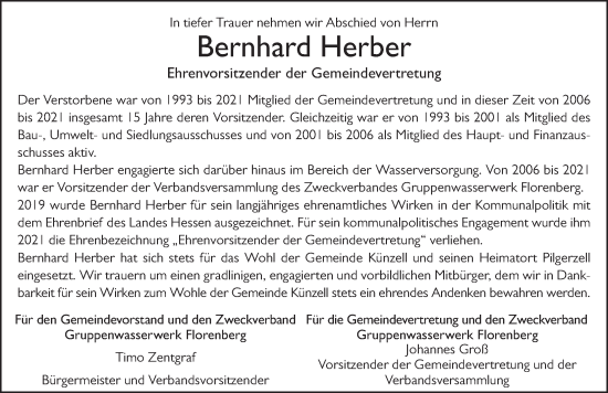Traueranzeige von Bernhard Herber von FZ