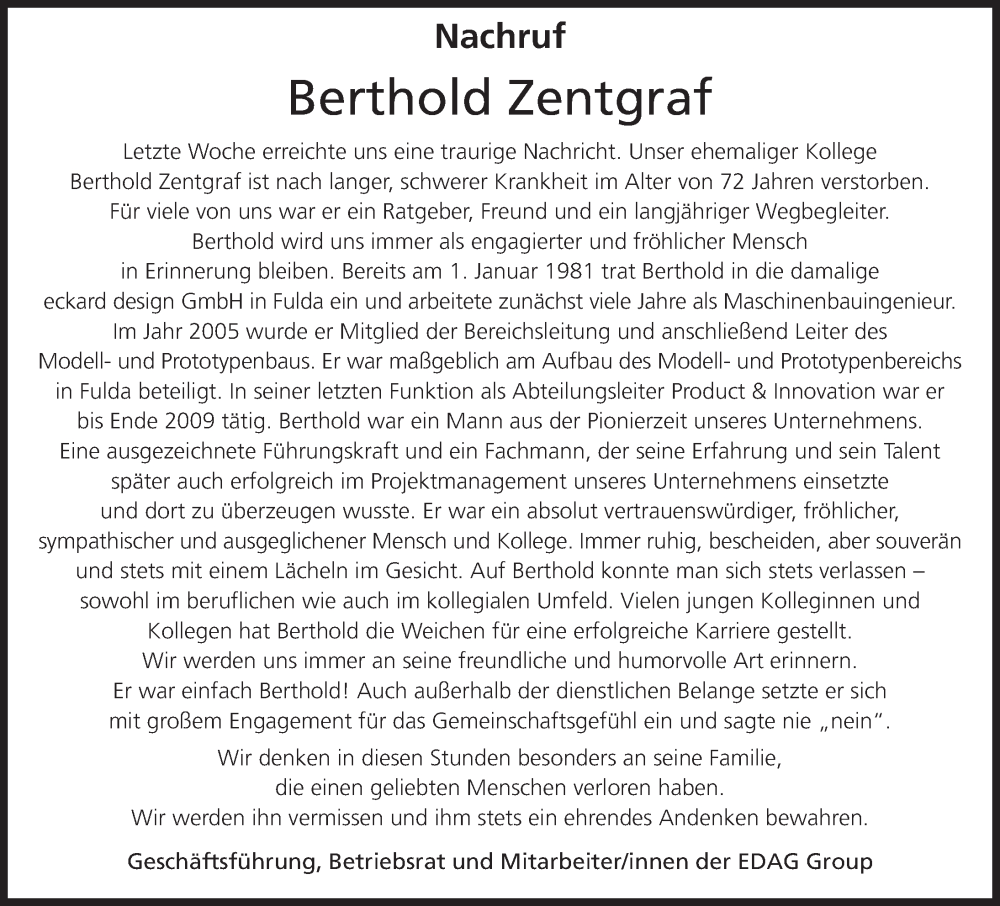  Traueranzeige für Berthold Zentgraf vom 10.12.2022 aus FZ
