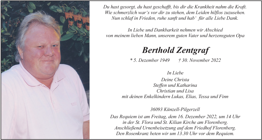  Traueranzeige für Berthold Zentgraf vom 10.12.2022 aus FZ