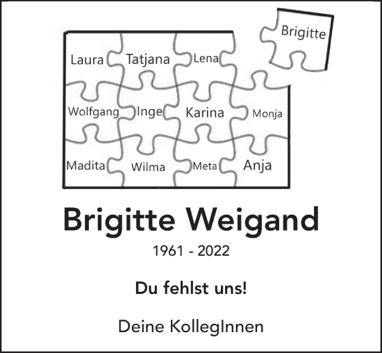 Traueranzeige von Brigitte Weigand von FZ