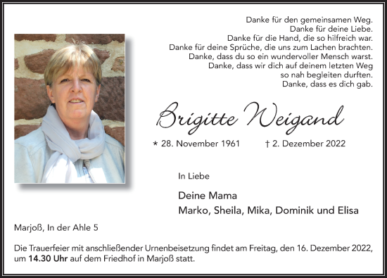 Traueranzeige von Brigitte Weigand von FZ
