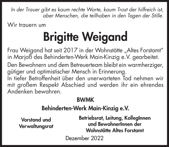 Traueranzeige von Brigitte Weigand von FZ
