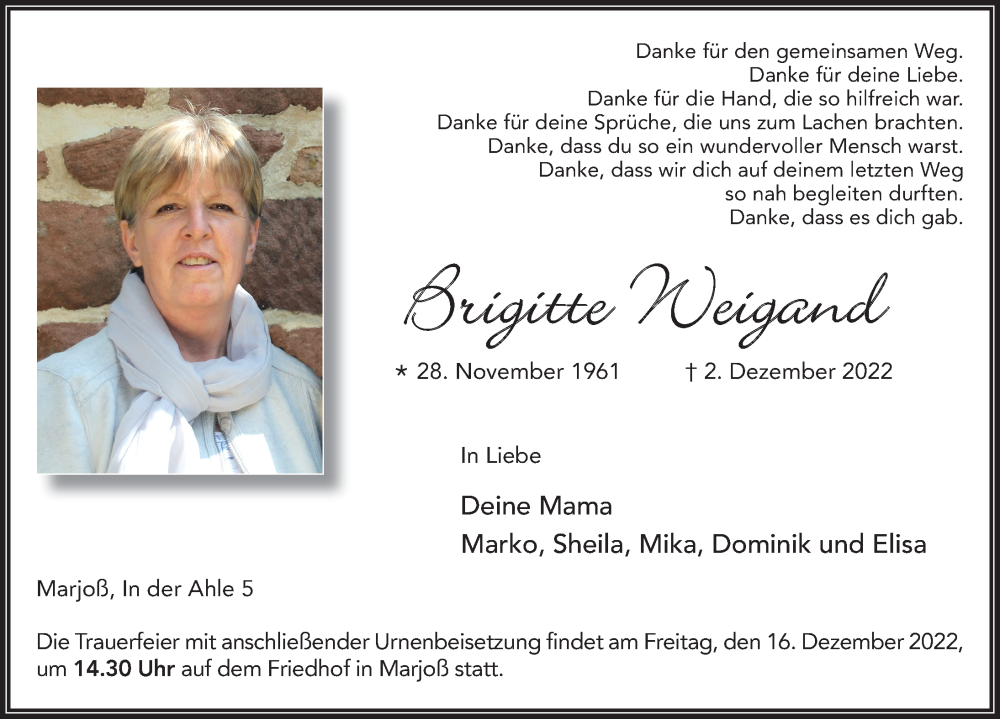  Traueranzeige für Brigitte Weigand vom 08.12.2022 aus FZ