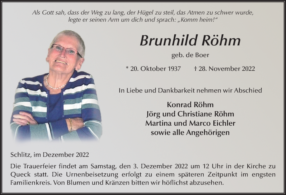  Traueranzeige für Brunhild Röhm vom 01.12.2022 aus FZ