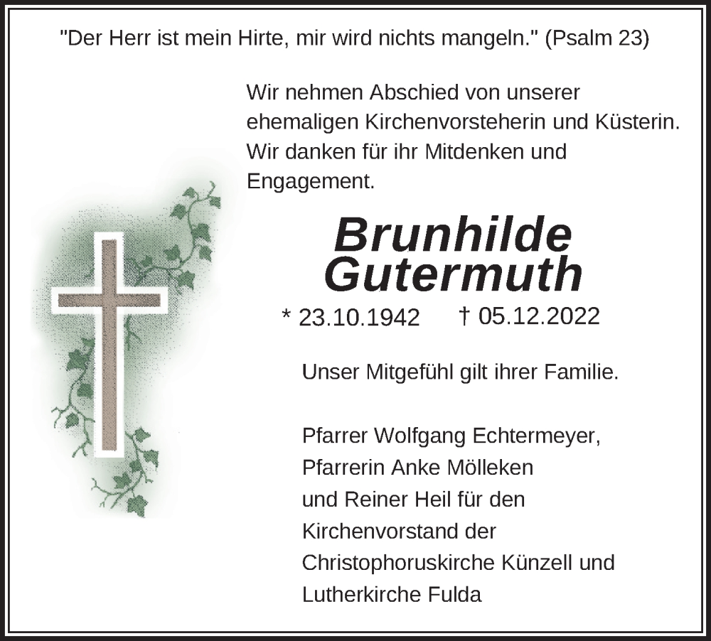  Traueranzeige für Brunhilde Gutermuth vom 09.12.2022 aus FZ