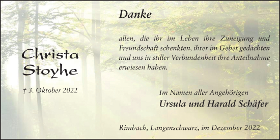 Traueranzeige von Christa Stoyhe von FZ