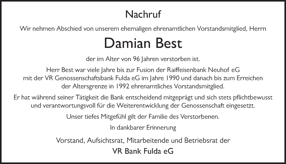  Traueranzeige für Damian Best vom 08.12.2022 aus FZ