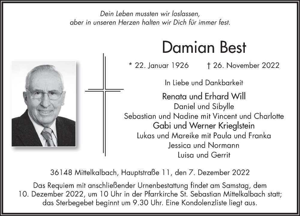  Traueranzeige für Damian Best vom 07.12.2022 aus FZ