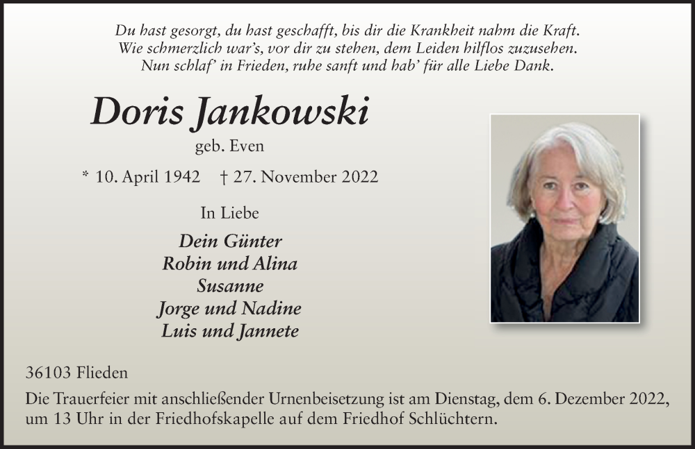  Traueranzeige für Doris Jankowski vom 03.12.2022 aus FZ