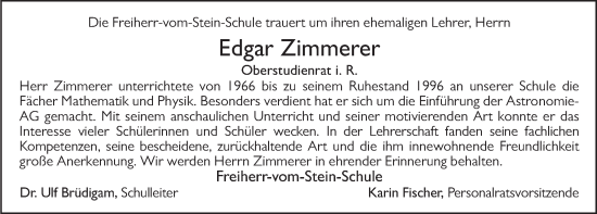 Traueranzeige von Edgar Zimmerer von FZ