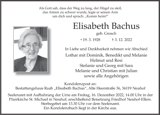 Traueranzeige von Elisabeth Bachus von FZ