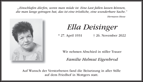 Traueranzeige von Ella Deisinger von FZ