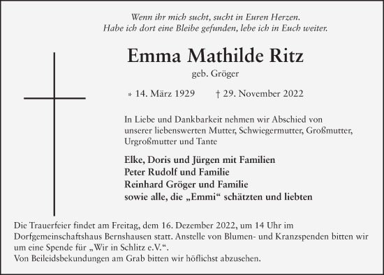 Traueranzeige von Emma Mathilde Ritz von FZ