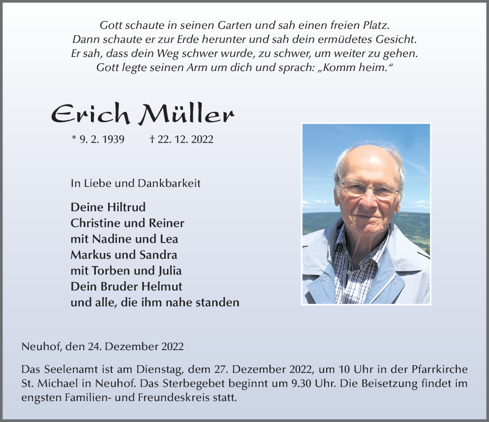  Traueranzeige für Erich Müller vom 24.12.2022 aus FZ