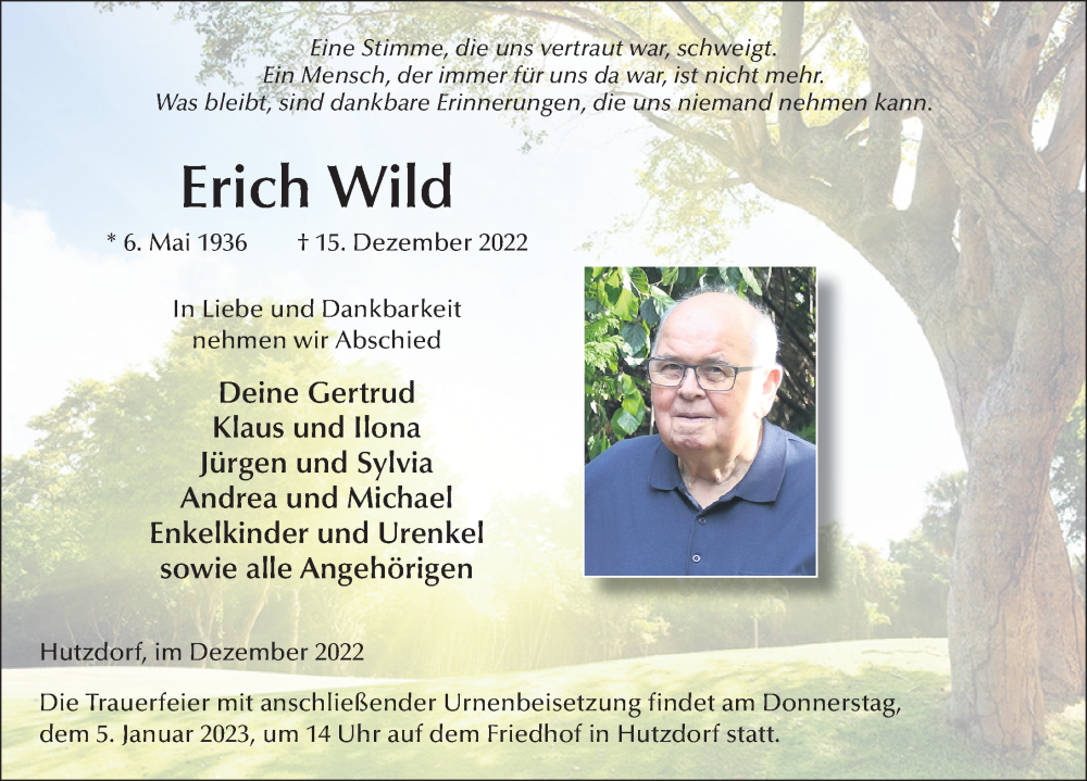  Traueranzeige für Erich Wild vom 31.12.2022 aus FZ