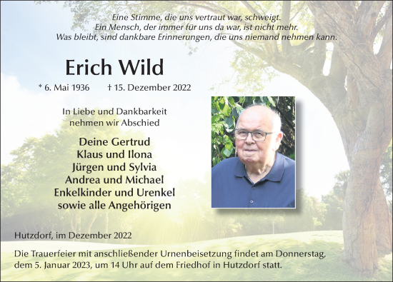 Traueranzeige von Erich Wild von FZ