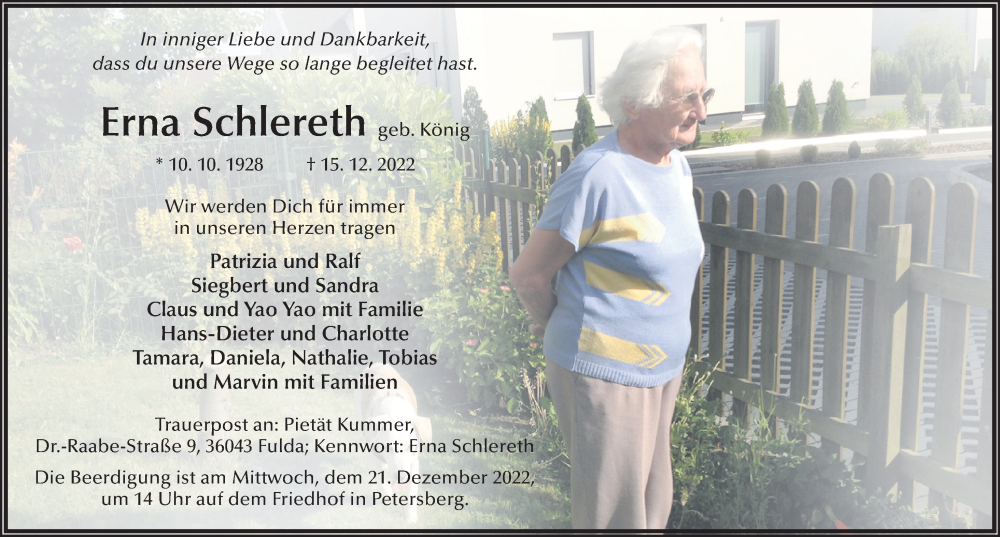 Traueranzeige für Erna Schlereth vom 17.12.2022 aus FZ