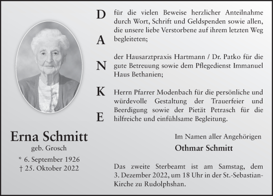 Traueranzeige von Erna Schmitt von FZ